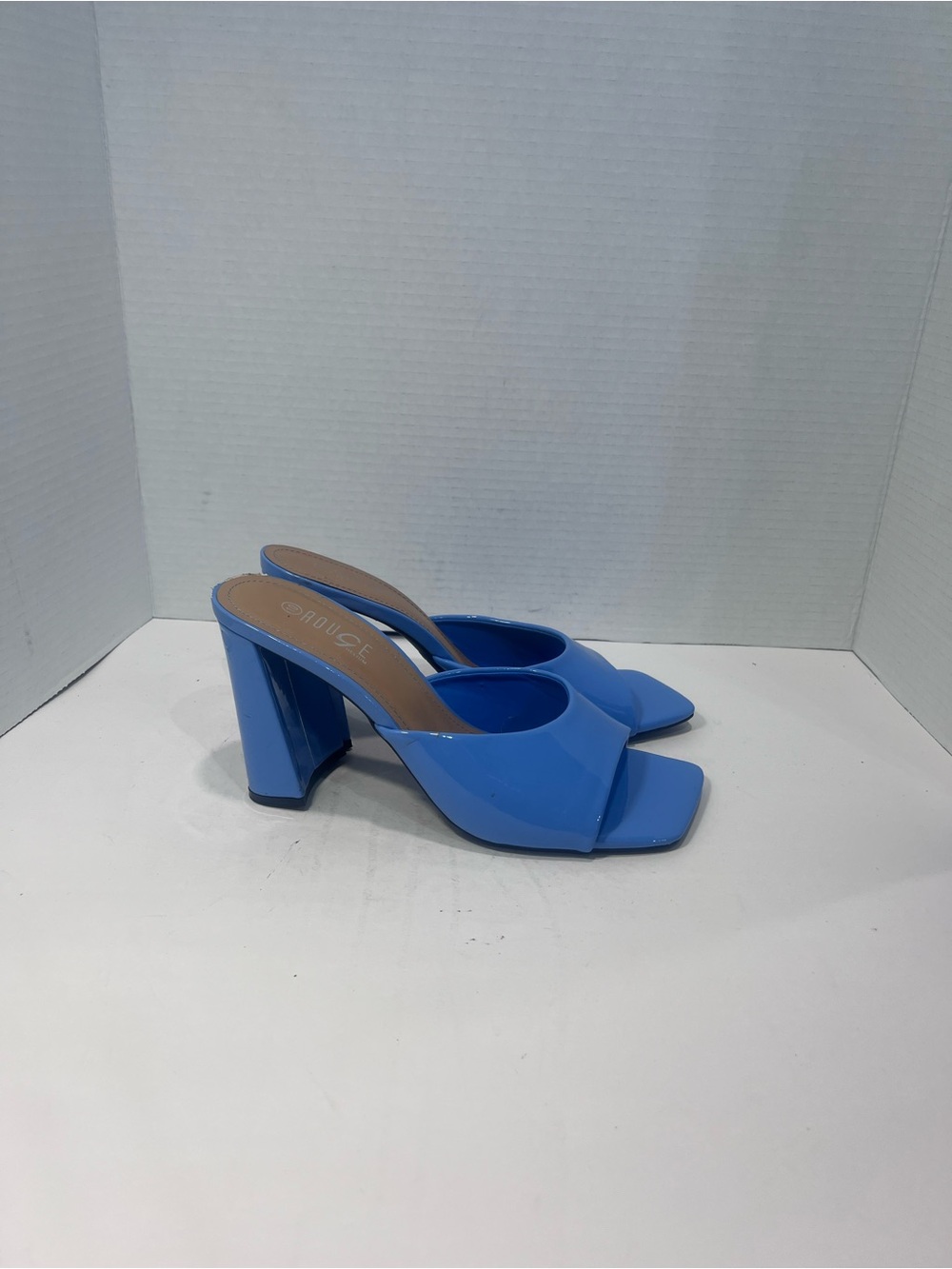 Rouge Helium Blue Patent Block Heel Mules